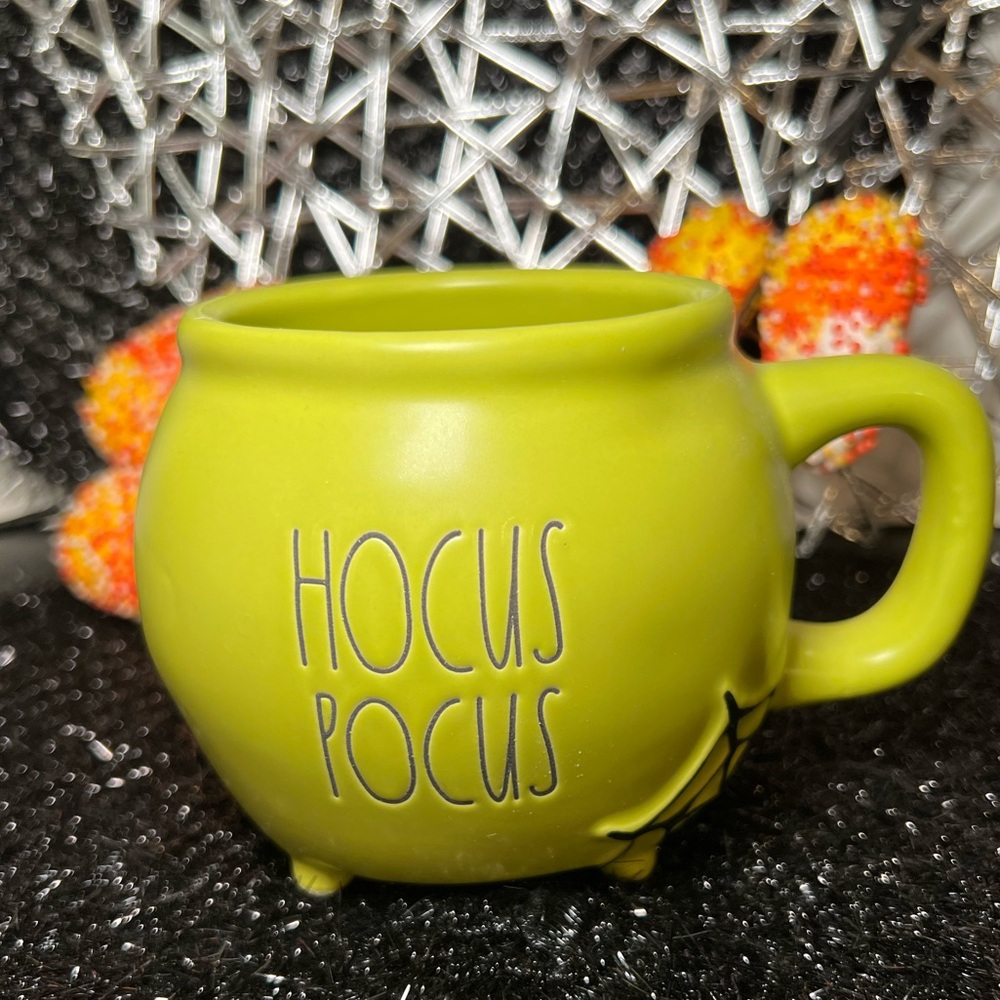 Halloween Rae Dunn Green Cauldron Shape Hocus Pocus Mug Cobweb